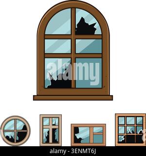 Collection of various house windows with shattered glass panes, representing themes of destruction, damage, poor condition, abandonment, and the need Stock Vector
