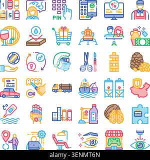 Colorful line art icon mosaic of finance, logistics, technology, healthcare and consumer services, a unified vector set representing modern business a Stock Vector