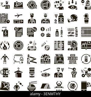 Glyph collection presenting various concepts related to finance, travel, healthcare, education, law, career, and technology, forming a comprehensive g Stock Vector
