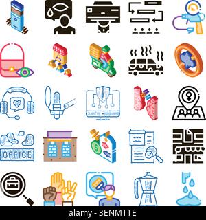 Isometric icon set showcasing business, technology, finance, communication and everyday online services for e commerce, marketing, education, support, Stock Vector