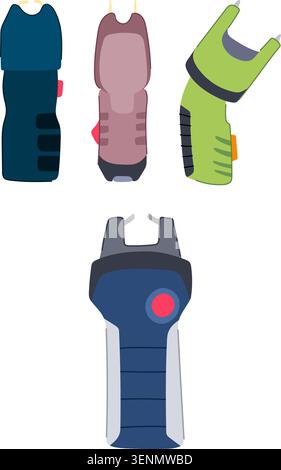 Stun gun devices providing personal security features, offering a non lethal self defense tool, and illustrating various designs of these electronic d Stock Vector