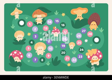 Mushroom maze game. Funny fungus characters, kids educational board game, cute fly agaric, chanterelles and morels, family entertainment and kids Stock Vector