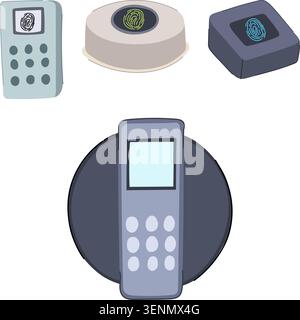Biometric security devices for authentication and access control, featuring various fingerprint scanners, emphasizing modern digital identification an Stock Vector