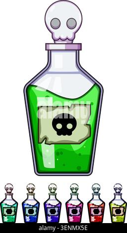 Green potion bottle featuring a skull stopper and a skull warning label, representing danger, toxicity, and various chemical or magical concepts in a Stock Vector