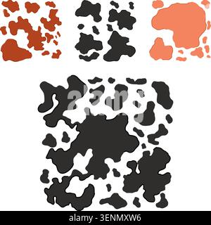 Cowhide pattern illustration set displaying various irregular black and brown spots on a white background, useful for animal print designs and texture Stock Vector
