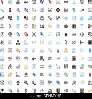 Set of colorful pixel art style icons representing various concepts, objects, and user interface elements useful for different industries and applicat Stock Vector