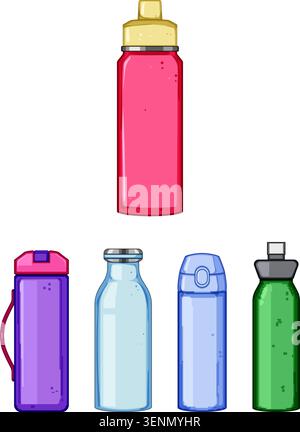 Reusable water bottles collection featuring diverse designs and vibrant colors, offering an eco friendly and sustainable solution for daily hydration Stock Vector
