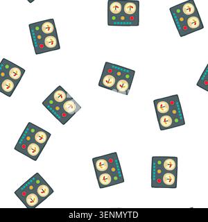 pattern analog retro control panel cartoon. knobs dials, switches levers, meters buttons analog retro control panel sign. seamless symbol vector illus Stock Vector