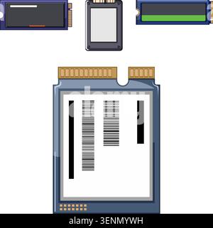 Solid state drive components in m.2 and 2.5 inch form factors, illustrating high speed flash memory, modern computer storage and upgrade ready interna Stock Vector