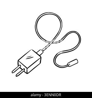 Vector illustration of phone charger with cable and power adapter for charging electronic devices. Simple black line sketch of power supply set for sm Stock Vector