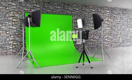 Studio setup with green screen, camera and studio lights. 3D illustration. Stock Photo