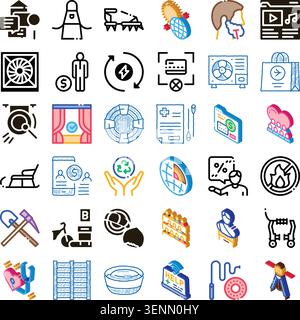 Set of glyph, color, and isometric icons illustrating a wide range of topics including communication, finance, environment, health, technology, and re Stock Vector