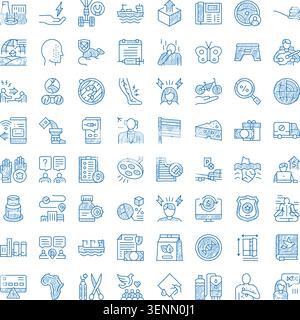 Large set of blue linear doodle icons representing finance, healthcare, delivery, technology, education and abstract concepts for web, app and print u Stock Vector