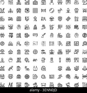 Large collection of diverse outline vector icons communicating various concepts including commerce, education, finance, technology, health, security, Stock Vector
