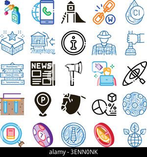 Hand drawn icon set depicting global communication, data analysis, outdoor recreation, environmental care and service concepts in a doodle sketch styl Stock Vector