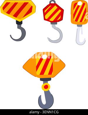 Set of four vibrant, cartoonish crane hooks featuring safety colors and warning stripes, illustrating tools for heavy lifting, cargo movement, and con Stock Vector