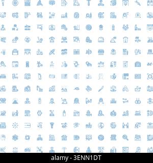 Comprehensive collection of over 200 light blue line style icons covering various conceptual themes including business. Technology. Communication. Med Stock Vector