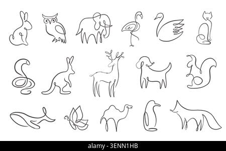 One line drawing animal vector illustrations set Stock Vector