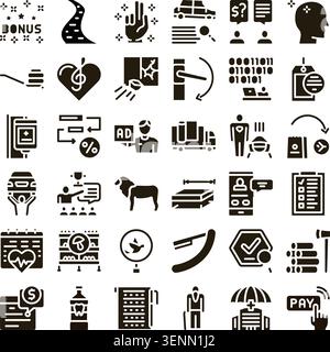 Set of various glyph icons depicting concepts related to business management, technology, healthcare, finance, digital marketing, and services on a wh Stock Vector