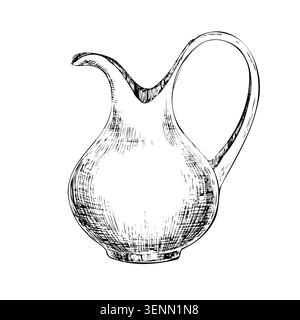 Clay jug ink sketch vector isolated illustration. Hand drawn monochrome outline ceramic pitcher with handle for Mediterranean wine menu, organic olive Stock Vector