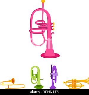 Collection of stylized brass instruments including a trumpet, trombone, flugelhorn, and euphonium, creating a vibrant musical scene on a clean white b Stock Vector
