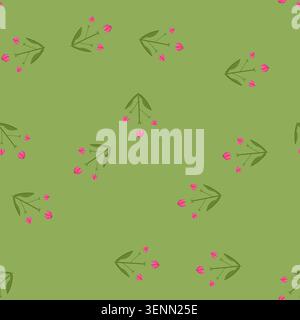 pattern stylized plant showing three flower buds with vibrant pink petals emerging from green sepals, connected by thin stems and flanked by two broad Stock Vector