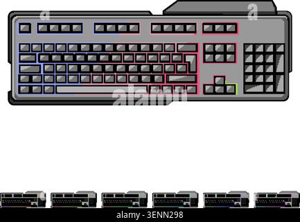 Gaming computer keyboard, featuring bright glowing keys in blue and pink, indicating modern technology and the immersive experience of digital enterta Stock Vector