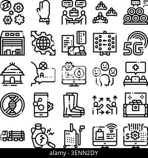 Collection of line icons depicting various business operations, industrial processes, technological advancements, social issues, and health services f Stock Vector