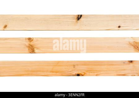 Three horizontal light wooden planks isolated on white background. Stock Photo