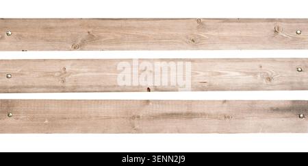 Three horizontal light wooden planks isolated on white background. Stock Photo