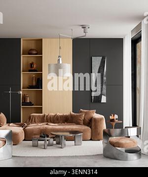 Sophisticated contemporary living room featuring curved brown sofa, black accent wall, premium furniture and refined modern apartment styling. 3D illu Stock Photo