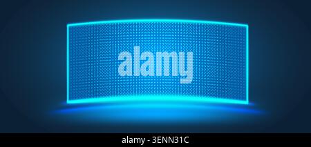 Glowing blue neon panel with halftone circle matrix and luminous grid creating modern electronic display for virtual reality and futuristic designs Stock Vector