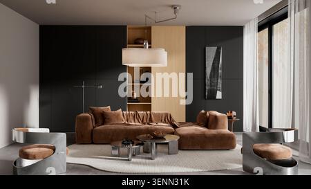 Modern living room interior featuring sculptural brown sofa, premium materials, designer decor and refined contemporary apartment styling. 3D illustra Stock Photo