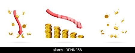 Set of 3D gold coin stacks with red arrow pointing downward. Financial chart showing loss, economic crisis and falling investment value. Business for Stock Vector