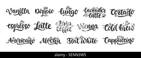Coffee options hand lettering set calligraphy Stock Vector