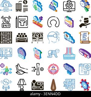 Grid of diverse isometric. Sketch. And flat style icons representing concepts related to digital services. Virtual reality. Fintech. Logistics. Busine Stock Vector