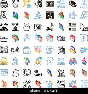 Large grid of various icons featuring flat glyph designs and colorful isometric illustrations covering themes like medical, technology, travel, food, Stock Vector