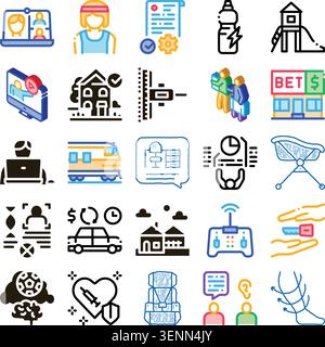 Everyday life activity icons presenting various aspects including travel, health, education, business, insurance, and communication, all essential for Stock Vector