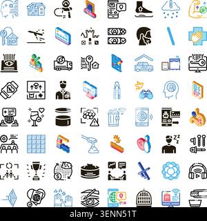 Large set of various linear and glyph symbols illustrating modern concepts, technology, smart systems, health, and lifestyle elements on a white backg Stock Vector