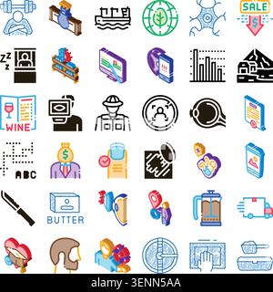 Diverse set of modern isometric line icons representing abstract business, health, nature, and service concepts, creating a comprehensive design asset Stock Vector
