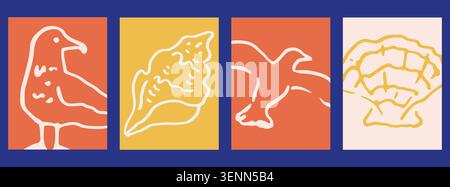 Coastal card set with seashell, gull, flying bird Stock Vector