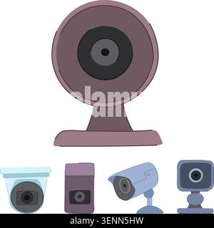 Collection of various modern security surveillance cameras and webcams, depicting concepts of remote monitoring, digital protection, and online commun Stock Vector