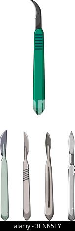 Surgical scalpel with green handle and interchangeable sharp blades, vector illustration on white background showing precise medical instruments for s Stock Vector