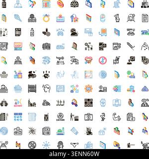 Collection of isometric, glyph, and linear icons representing various concepts, services, and objects for business, finance, medicine, and daily life Stock Vector