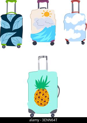 Four suitcases with colorful decorative covers, featuring designs like tropical leaves, clouds, sun and waves, and a pineapple, symbolizing various tr Stock Vector