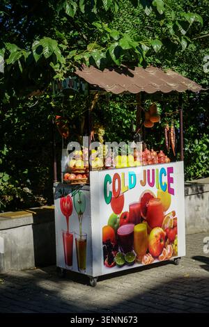 A vibrant "Cold Juice" street stall, brimming with fresh fruits like lemons, pomegranates, and green grapes, stands against a lush green background. T Stock Photo