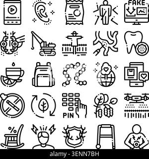 Icons collection illustrating various themes including medicine, ecology, technology, health, stress, and everyday objects, all in a uniform line art Stock Vector