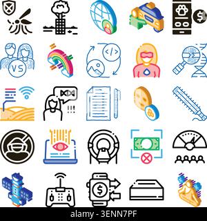 Set of isometric and outline icons illustrating various themes like digitalization, research, medicine, artificial intelligence, internet, and data fo Stock Vector