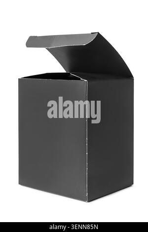 Opened black blank paper packaging box isolated on white background Stock Photo