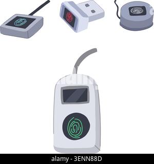 Biometric fingerprint scanner devices providing access control and authentication, illustrating modern technology for digital security and personal id Stock Vector